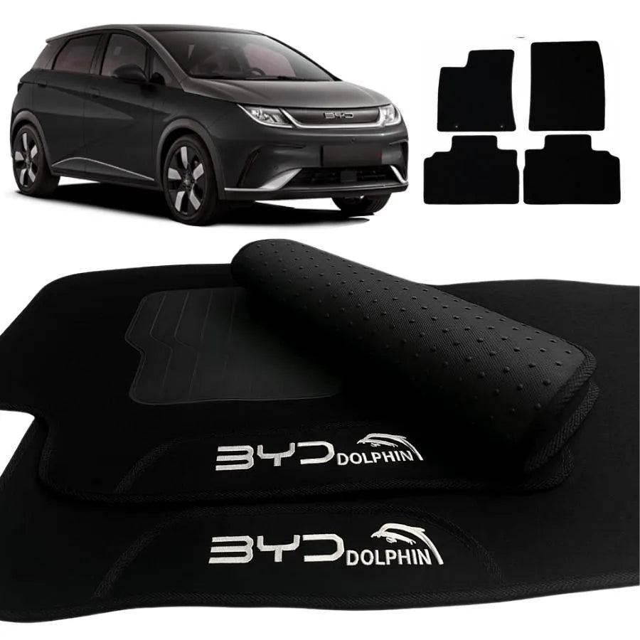 TAPETE CARPETE BYD DOLPHIN PLUS 2023 A 2025 PRETO BORDADO 4 PEÇAS